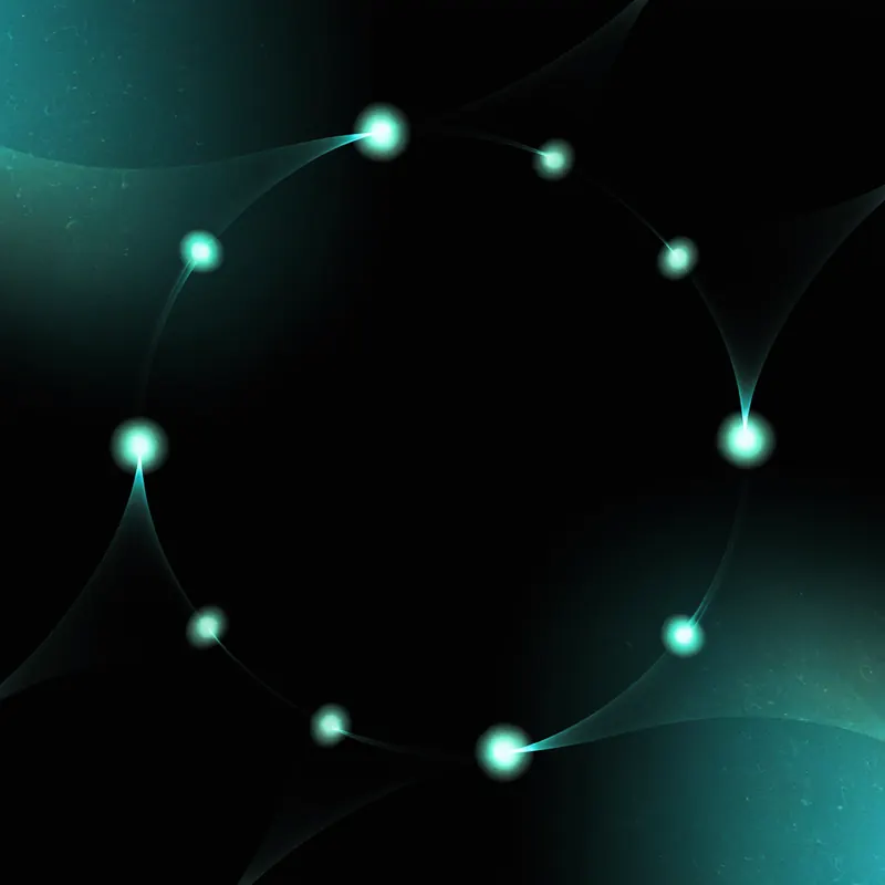 Small orbs of teal light orbiting in coordinated arcs