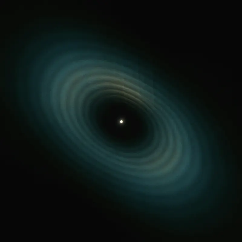 Concentric rings of teal light converging on a single bright point