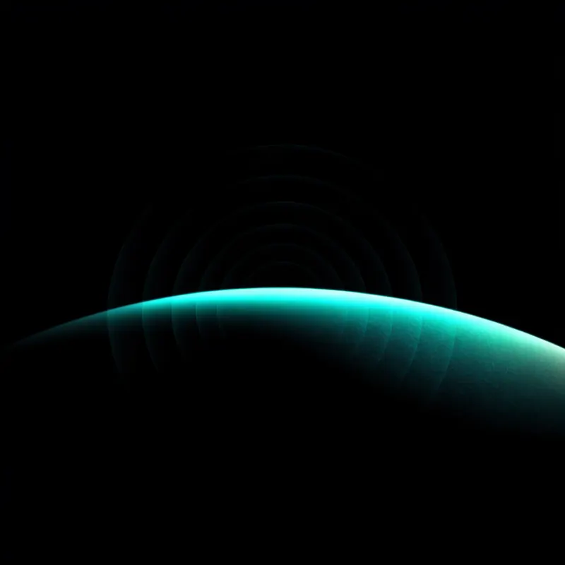 A luminous teal curve rising over a dark horizon with concentric ripples