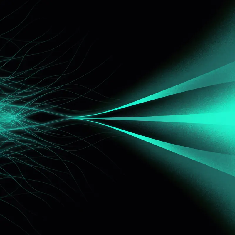 Tangled threads of teal light resolving into clean parallel lines